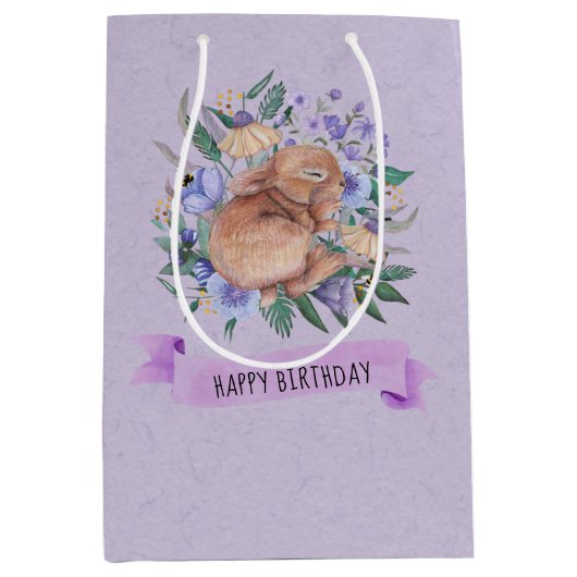 Happy Birthday Oster Bunny Lila Florals Mittlere Geschenktüte (Vorderseite)