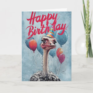 Happy Birthday Ostrich mit Party Hat Balloons Karte