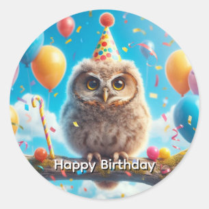 Happy Birthday Owl Runder Aufkleber