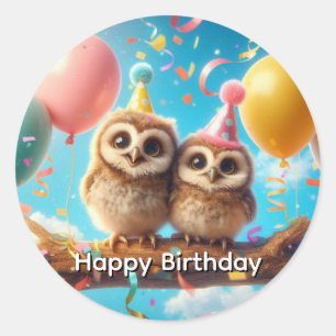 Happy Birthday Owl Runder Aufkleber