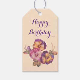 Happy Birthday Pansy Bouquet Gift Tag - Aquarell Geschenkanhänger