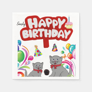 Happy Birthday Paper Napkins, Katzen Serviette