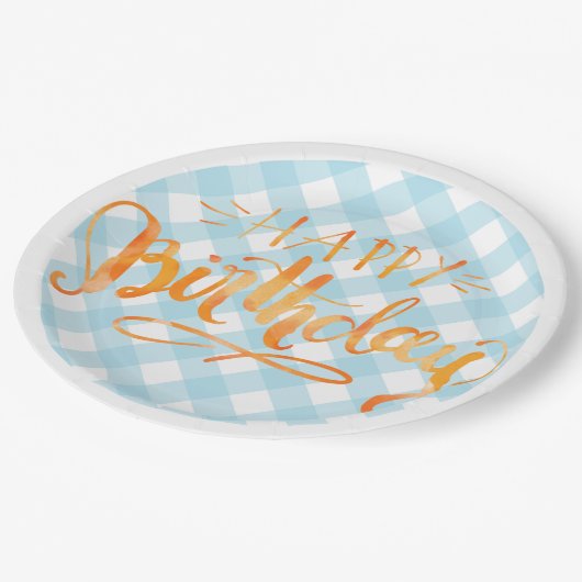 Happy Birthday Paper Plate Blue White Gingham Pappteller (Schrägansicht)
