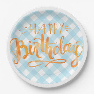 Happy Birthday Paper Plate Blue White Gingham Pappteller
