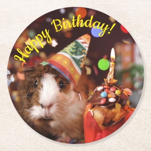Happy Birthday - Party Animal Guinea Pig Runder Pappuntersetzer (Vorderseite)