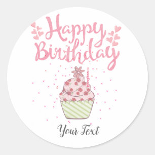 Happy Birthday Party Custom Pink Cupcake Runder Aufkleber