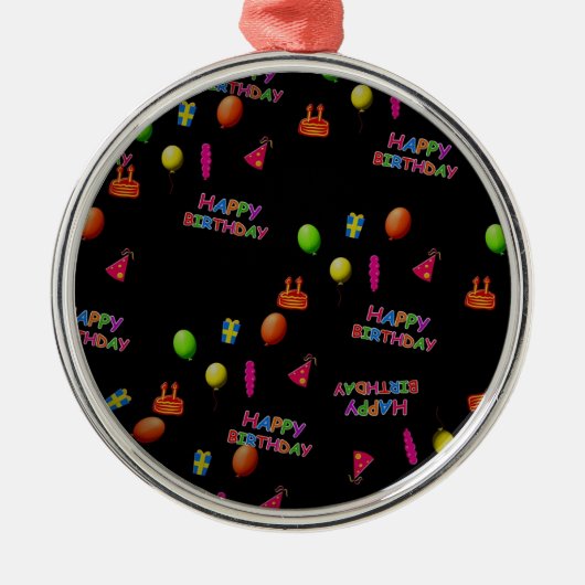 Happy Birthday Party Decor Balloons Hat Cake Text Silbernes Ornament (Vorne)