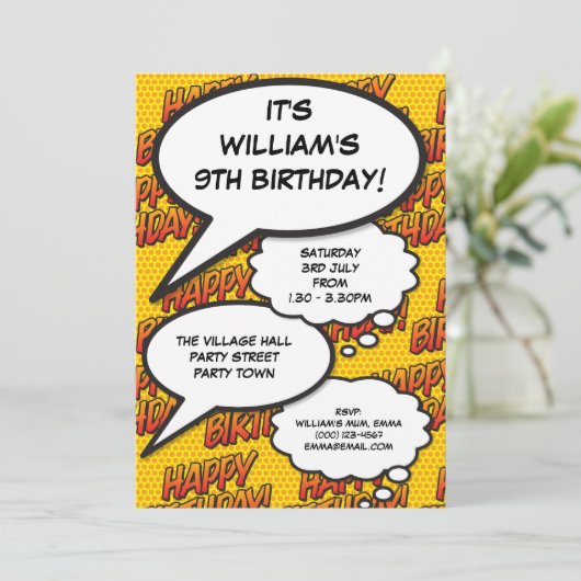 Happy Birthday Party Fun Comic Modernes Einladung (Stehend Vorderseite)