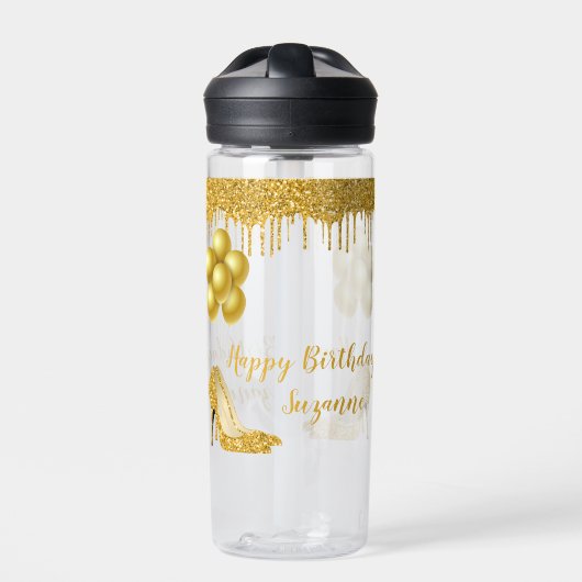 Happy Birthday Party Gold Glitzer Look Trinkflasche (Vorderseite)