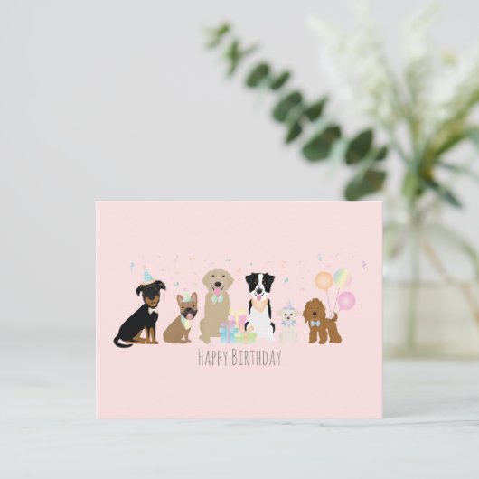 Happy Birthday Party Hunde Pink Postkarte (Stehend Vorderseite)