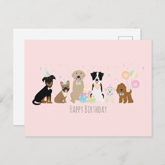 Happy Birthday Party Hunde Pink Postkarte (Vorne/Hinten)