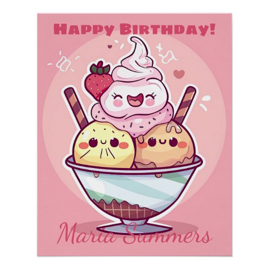 Happy Birthday Party Ice-Creme Kawaii Cartoon Poster (Vorderseite)