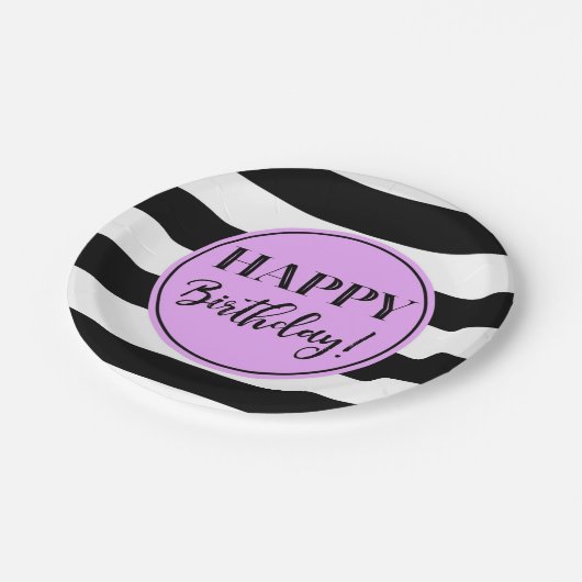 Happy Birthday Party Lila Schwarz-weiße Streifen P Pappteller (Schrägansicht)