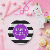 Happy Birthday Party Lila Schwarz-weiße Streifen Pappteller (Party)