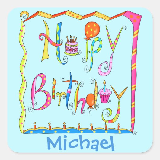 Happy Birthday Party Name Personalisiert Gelb Quadratischer Aufkleber (Vorderseite)