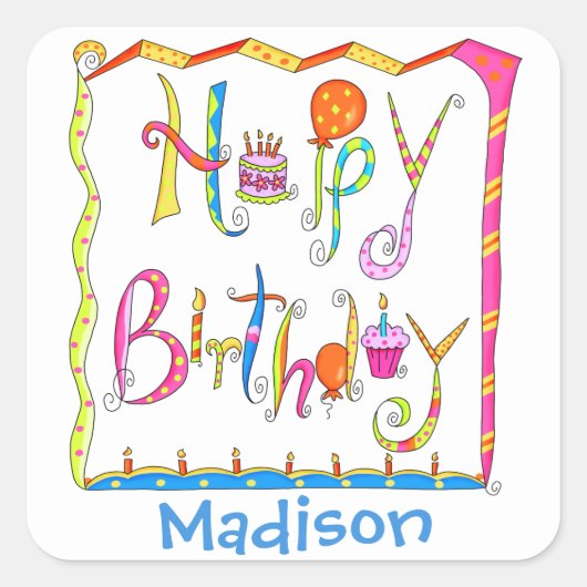 Happy Birthday Party Name Personalisiert Weiß Quadratischer Aufkleber (Vorderseite)