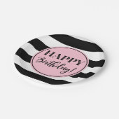 Happy Birthday Party Rosa Schwarz-weiße Streifen Pappteller (Schrägansicht)
