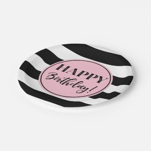 Happy Birthday Party Rosa Schwarz-weiße Streifen Pappteller (Schrägansicht)