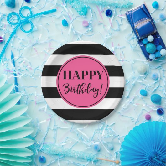 Happy Birthday Party Rosa Schwarz-weiße Streifen Pappteller (Party)