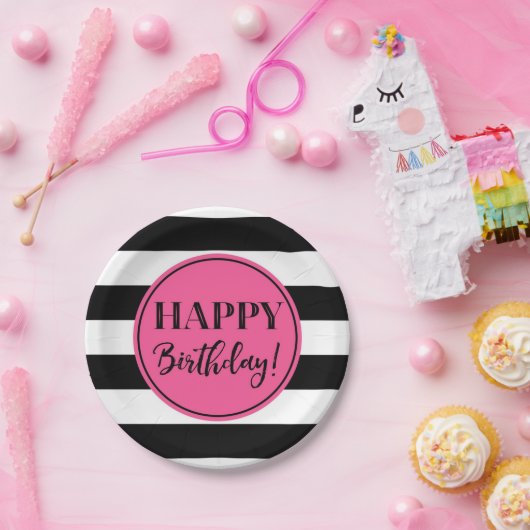 Happy Birthday Party Rosa Schwarz-weiße Streifen Pappteller (Party)