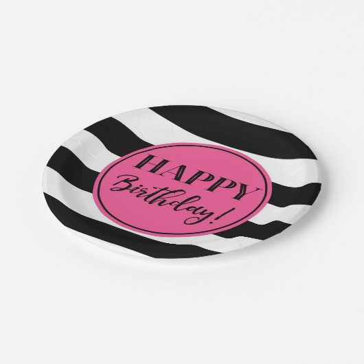 Happy Birthday Party Rosa Schwarz-weiße Streifen Pappteller (Schrägansicht)