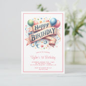 Happy Birthday Pastel Balloons 1. Geburtstag Einladung (Stehend Vorderseite)