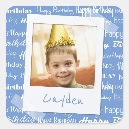 Happy Birthday Pattern Blue Party Kinder Foto Quadratischer Aufkleber (Vorderseite)