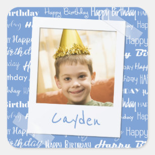 Happy Birthday Pattern Blue Party Kinder Foto Quadratischer Aufkleber