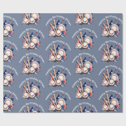 Happy Birthday Pattern Name Blue Red Bat Baseball Geschenkpapier (Flach)
