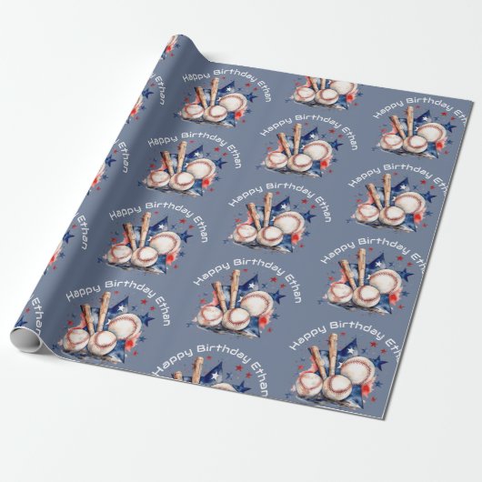 Happy Birthday Pattern Name Blue Red Bat Baseball Geschenkpapier (Ungerollt)