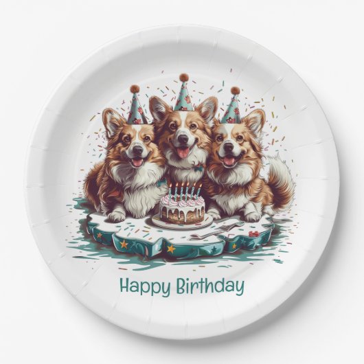 Happy Birthday Pembroke Welsh Corgi Hunde Pappteller (Vorderseite)