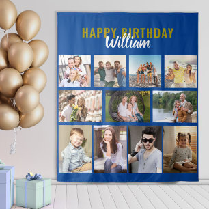 Happy Birthday Personalisiert 11 Foto Collage Blue Wandteppich