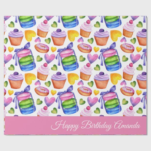 Happy Birthday Personalisiert Macaron Cupcake Swee Geschenkpapier (Flach)
