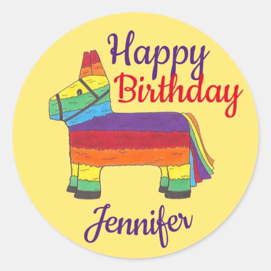 Happy Birthday Personalisiert Rainbow Donkey Pinat Runder Aufkleber (Vorderseite)