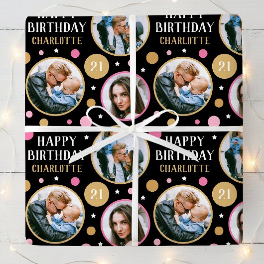 Happy Birthday Photo Collage Any Age 21st Pink Geschenkpapier