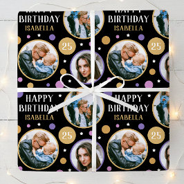 Happy Birthday Photo Collage Any Age 25th Purple Geschenkpapier