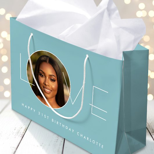 Happy Birthday Photo Love Typography Chic Blue Große Geschenktüte
