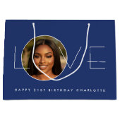 Happy Birthday Photo Love Typography Chic Navy Große Geschenktüte (Vorderseite)
