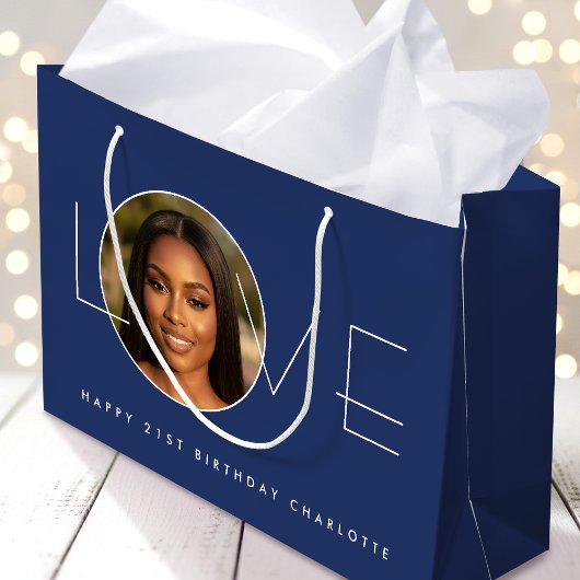 Happy Birthday Photo Love Typography Chic Navy Große Geschenktüte