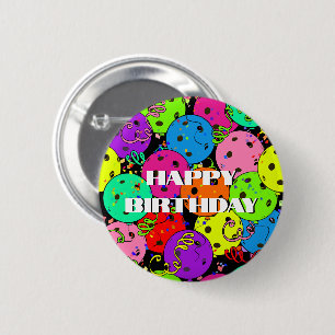 Happy Birthday Pickleball Balloons Confetti Black Button