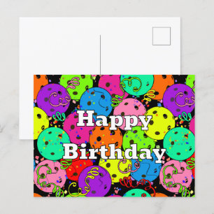 Happy Birthday Pickleball Balloons Confetti Black Postkarte