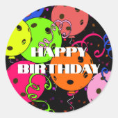 Happy Birthday Pickleball Balloons Confetti Black Runder Aufkleber (Vorderseite)