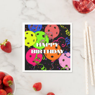 Happy Birthday Pickleball Balloons Confetti Black Serviette
