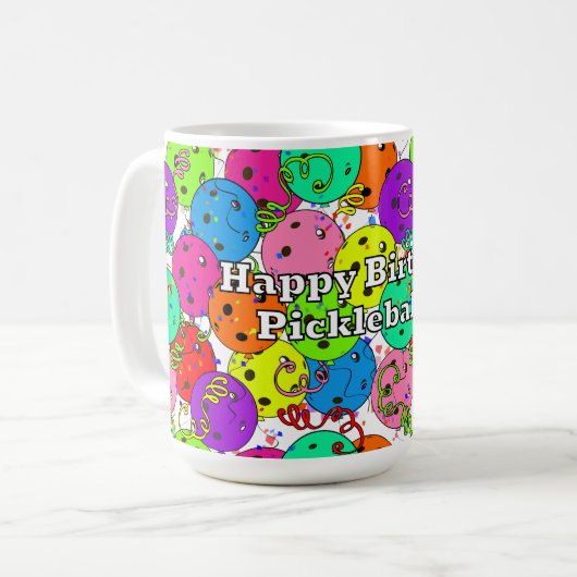 Happy Birthday Pickleball Balloons Confetti White Kaffeetasse (Vorderseite Links)
