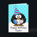 Happy Birthday Pinguin Kids Card Karte<br><div class="desc">Dieses niedliche, lustige, einzigartige Design hat einen Cartoon-Pinguin, der ein Geburtstagsgeschenk und einen Geburtstagskuchen trägt und einen niedliche Geburtstag-Hut mit einem farbenfrohen Polka-Dot-Hintergrund auf der Vorderseite trägt, mit den Worten "Happy Birthday Taylor". Und die Worte: "Ich hoffe, wenn heute alles fertig ist, können Sie sagen, dass Ihr Geburtstag Spaß gemacht...</div>