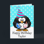 Happy Birthday Pinguin Kids Card Karte<br><div class="desc">Dieses niedliche, lustige, einzigartige Design hat einen Cartoon-Pinguin, der ein Geburtstagsgeschenk und einen Geburtstagskuchen trägt und einen niedliche Geburtstag-Hut mit einem farbenfrohen Polka-Dot-Hintergrund auf der Vorderseite trägt, mit den Worten "Happy Birthday Taylor". Und die Worte: "Ich hoffe, wenn heute alles fertig ist, können Sie sagen, dass Ihr Geburtstag Spaß gemacht...</div>