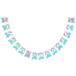 Happy Birthday Pink Blue Türkise Floral Wimpelkette