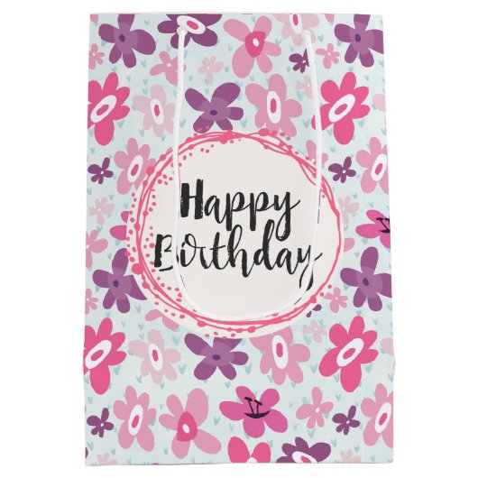 Happy Birthday Pink Blume und Blue Hearts Mittlere Geschenktüte (Rückseite)