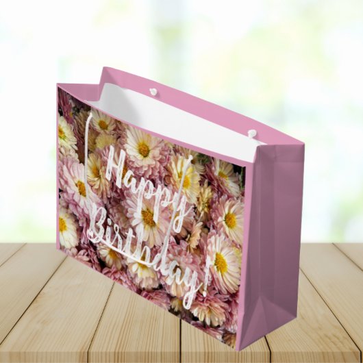 Happy Birthday Pink Chrysanthemums Floral Foto Große Geschenktüte