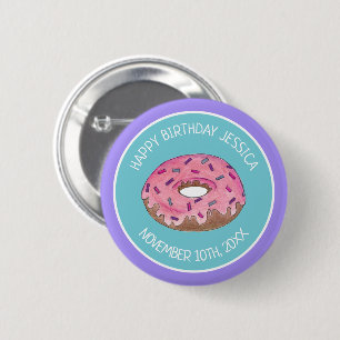 Happy Birthday Pink Donut Doughnut Bday Girl Paper Button